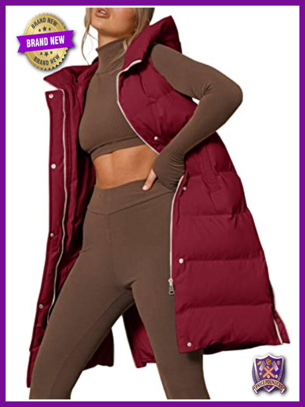 Women's Long Hooded Puffer Vest Sleeveless Stand Collar Down Vest